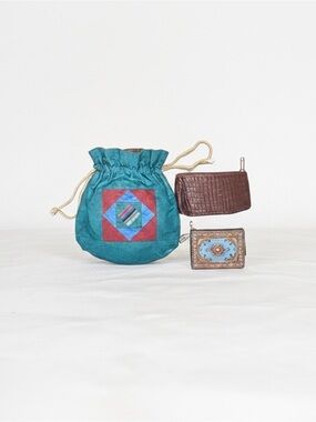 Trio of Bags: Cloth Satchel, Estée Lauder Clutch, Turkish Coin Purse